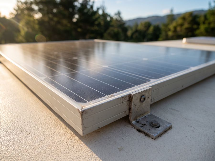 Close-up of a solar panel corner bracket on the camper roof
